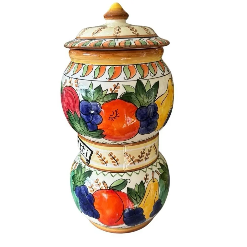 Vintage Handmade For Nonni’s Colorful Fruit Design Ceramic Biscotti Jar *Read*